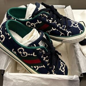 Cotton GG Monogram Web Womens 1977 Tennis Sneakers Ink Ivory Blue